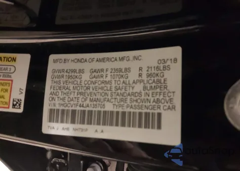 2018 Honda Accord Ex z USA, uszkodzony, nr VIN 1HGCV1F44JA135705